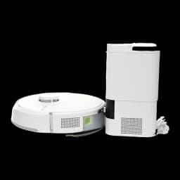 iRobot Roomba Combo 105+ blanc, kit: robot et base d'auto-vidage séparés, vue latérale avec câble d'alimentation visible