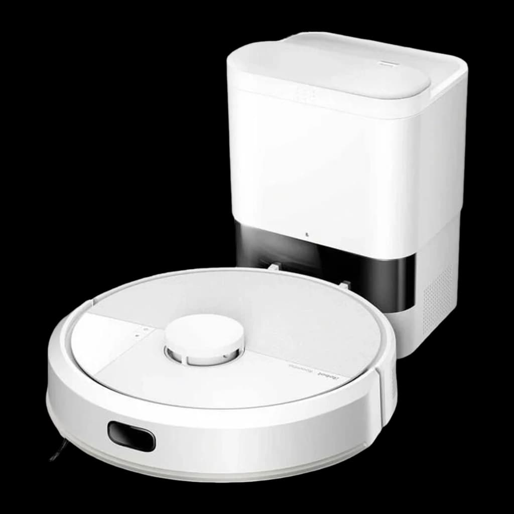 iRobot Roomba Combo 105+ blanc, kit: robot amarré devant la base d'auto-vidage, vue frontale avec bande noire sur la base