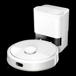 iRobot Roomba Combo 105+ blanc, kit: robot amarré devant la base d'auto-vidage, vue frontale avec bande noire sur la base