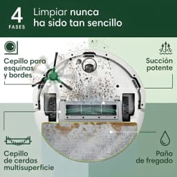 iRobot Roomba Combo 105+ Blanc, vue dessous: infographie 4 phases brosse latérale, rouleau, aspiration et lingette