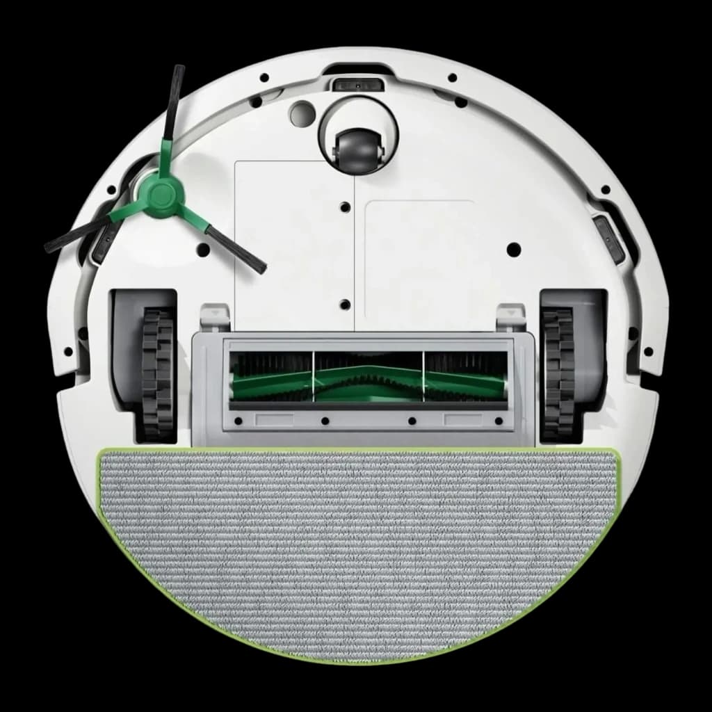 iRobot Roomba Combo 105+ blanc, vue du dessous: brosse principale, roues, brosse latérale verte et serpillière