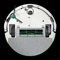 iRobot Roomba Combo 105+ blanc, vue du dessous: brosse principale, roues, brosse latérale verte et serpillière