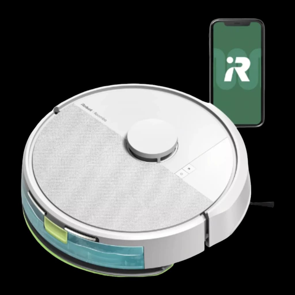 iRobot Roomba Combo 105+ blanc, vue diagonale avec l'app iRobot sur smartphone à côté du robot