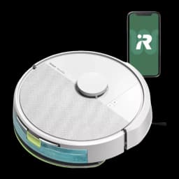 iRobot Roomba Combo 105+ blanc, vue diagonale avec l'app iRobot sur smartphone à côté du robot