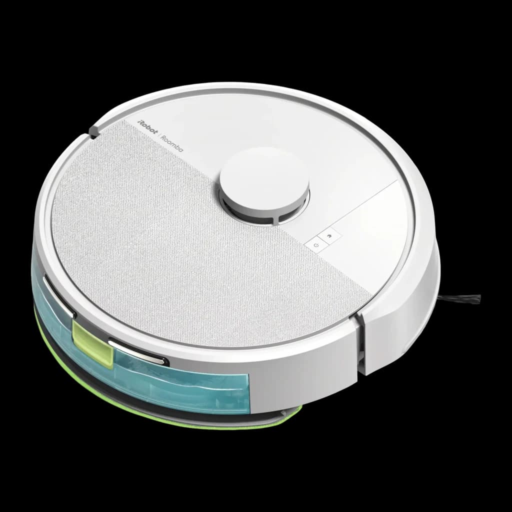 iRobot Roomba Combo 105+ blanc, vue diagonale avant: couvercle textile, tourelle LiDAR et réservoir d'eau translucide vert