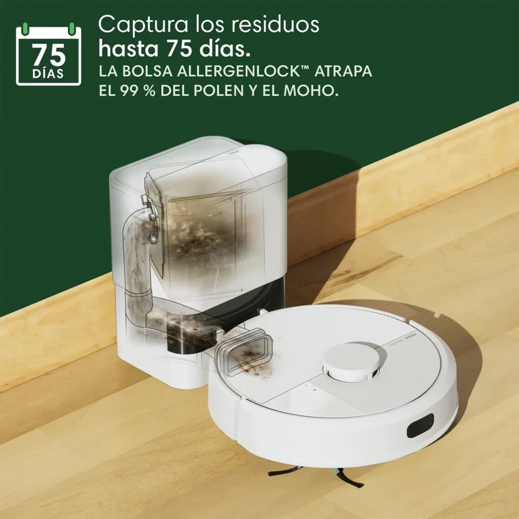 iRobot Roomba Combo 105+ blanc, base vidage: intérieur sac AllergenLock avec saleté accumulée jusqu'à 75 jours