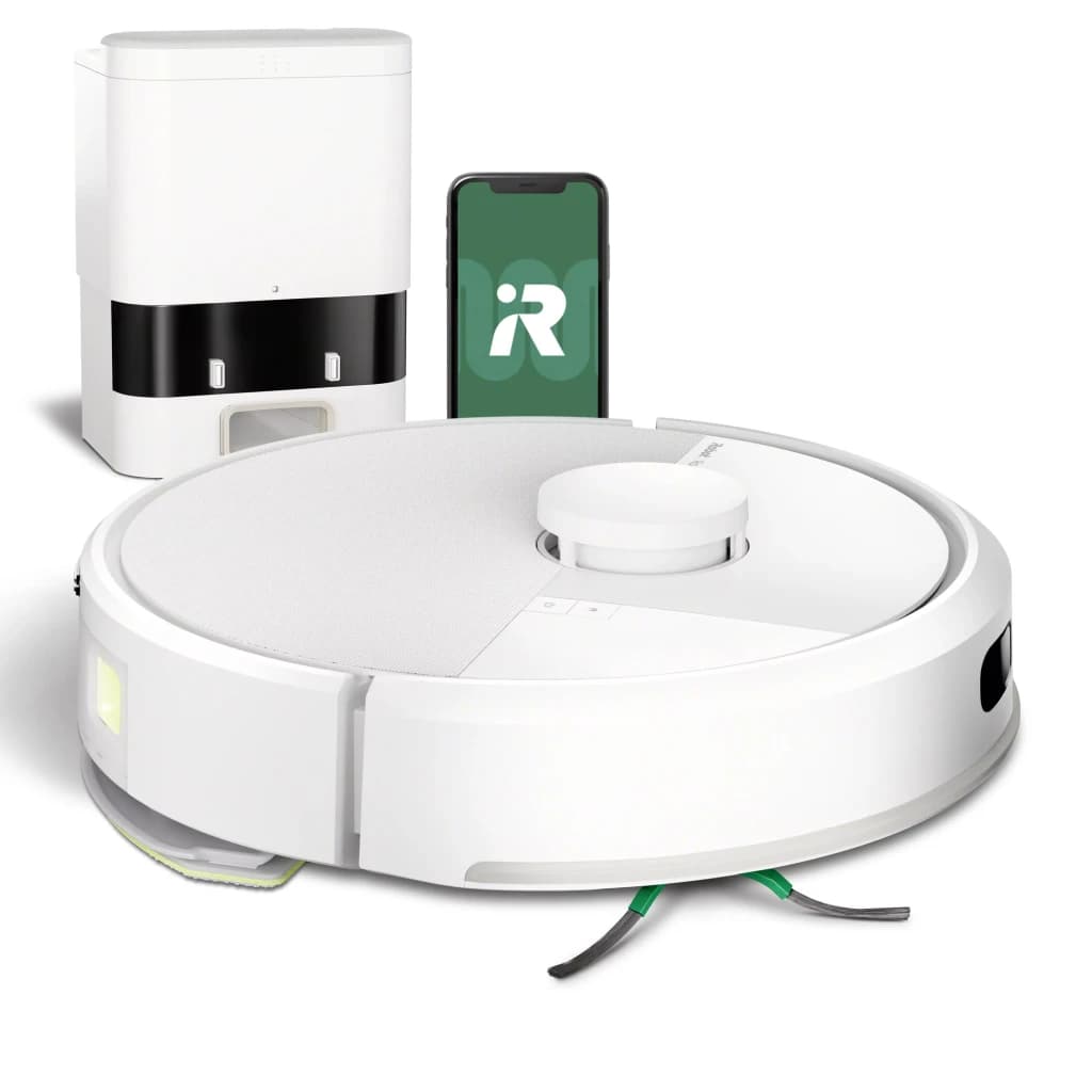 iRobot Roomba Combo 105+ Blanc, vue ensemble: robot aspirateur avec base de vidage automatique et app iRobot sur smartphone
