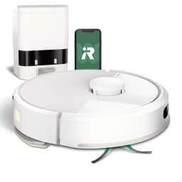 iRobot Roomba Combo 105+ Blanc, vue ensemble: robot aspirateur avec base de vidage automatique et app iRobot sur smartphone