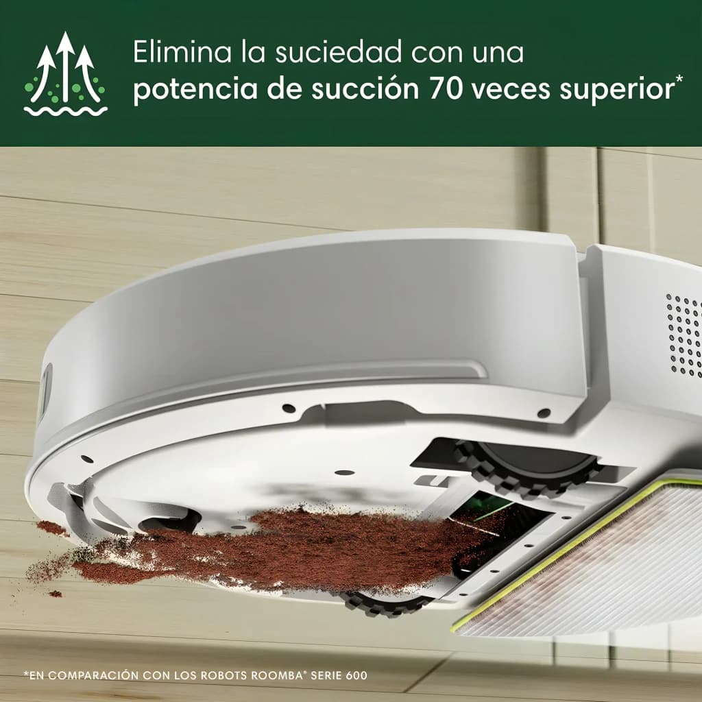 iRobot Roomba Combo 105+ Blanc, vue dessous: brosses et aspiration ramassant des saletés sur sol stratifié