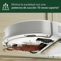 iRobot Roomba Combo 105+ Blanc, vue dessous: brosses et aspiration ramassant des saletés sur sol stratifié