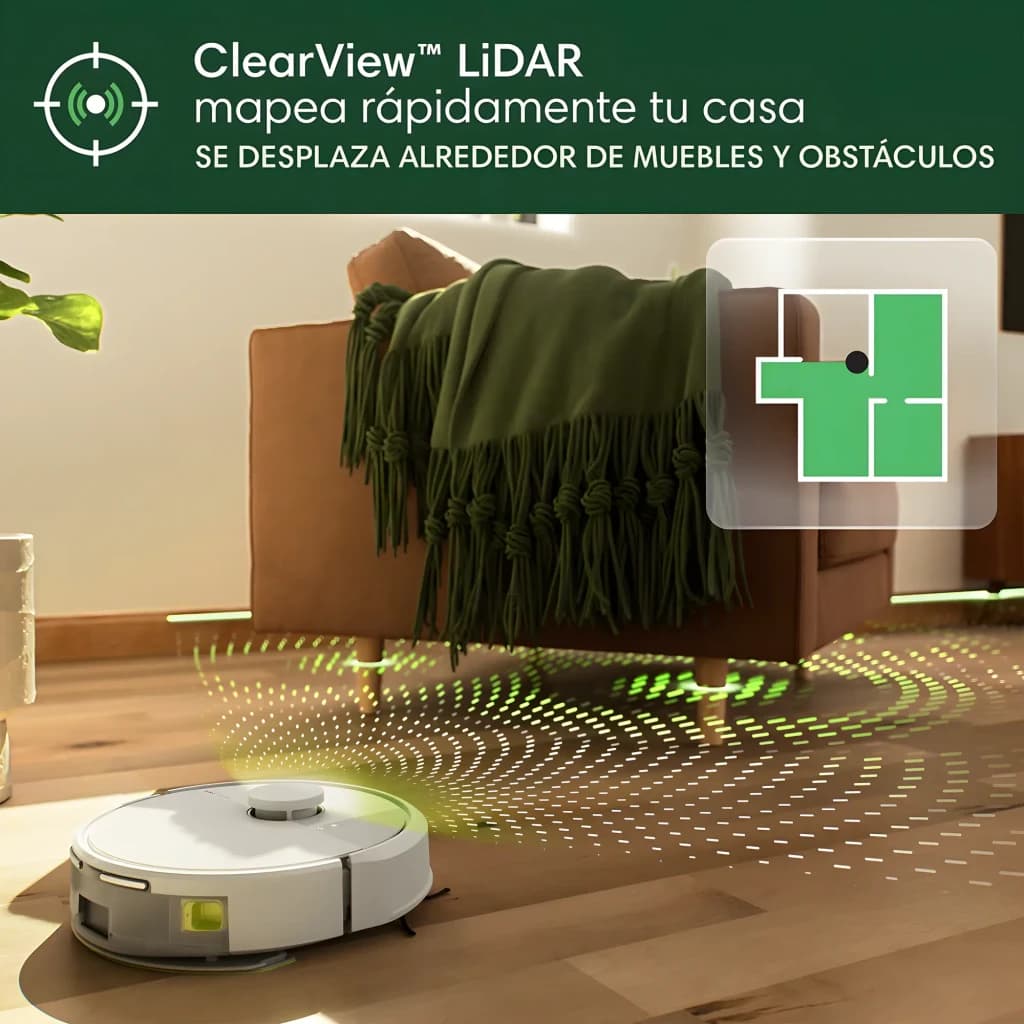 iRobot Roomba Combo 105+ Blanc, lifestyle: technologie ClearView LiDAR cartographiant le salon avec ondes vertes et plan