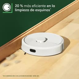 iRobot Roomba Combo 105+ Blanc, vue latérale: robot nettoyant un coin près de la plinthe sur parquet