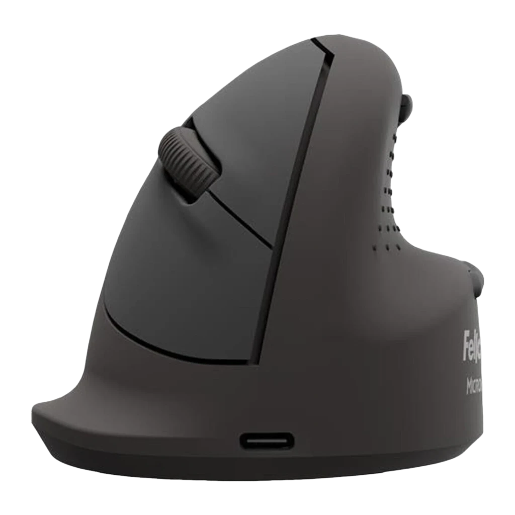 Fellowes Breyta Plus+ Talla M Zurdo Negro, vista lateral derecha: rueda de desplazamiento, botones y puerto USB-C en la base - Ítem1