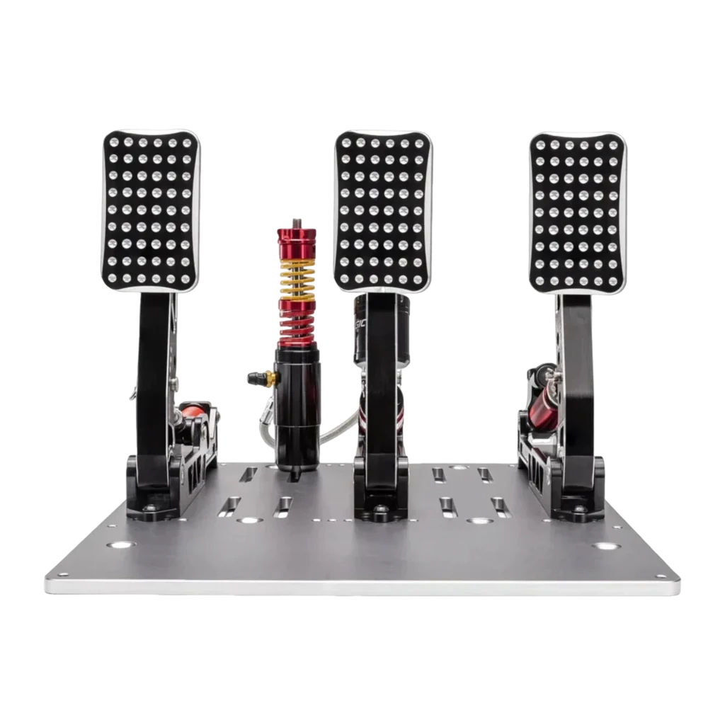 Simagic P2000 Crimson Edition, vue en perspective: 3 pédales noires avec ressorts rouges et base en aluminium - Ítem1