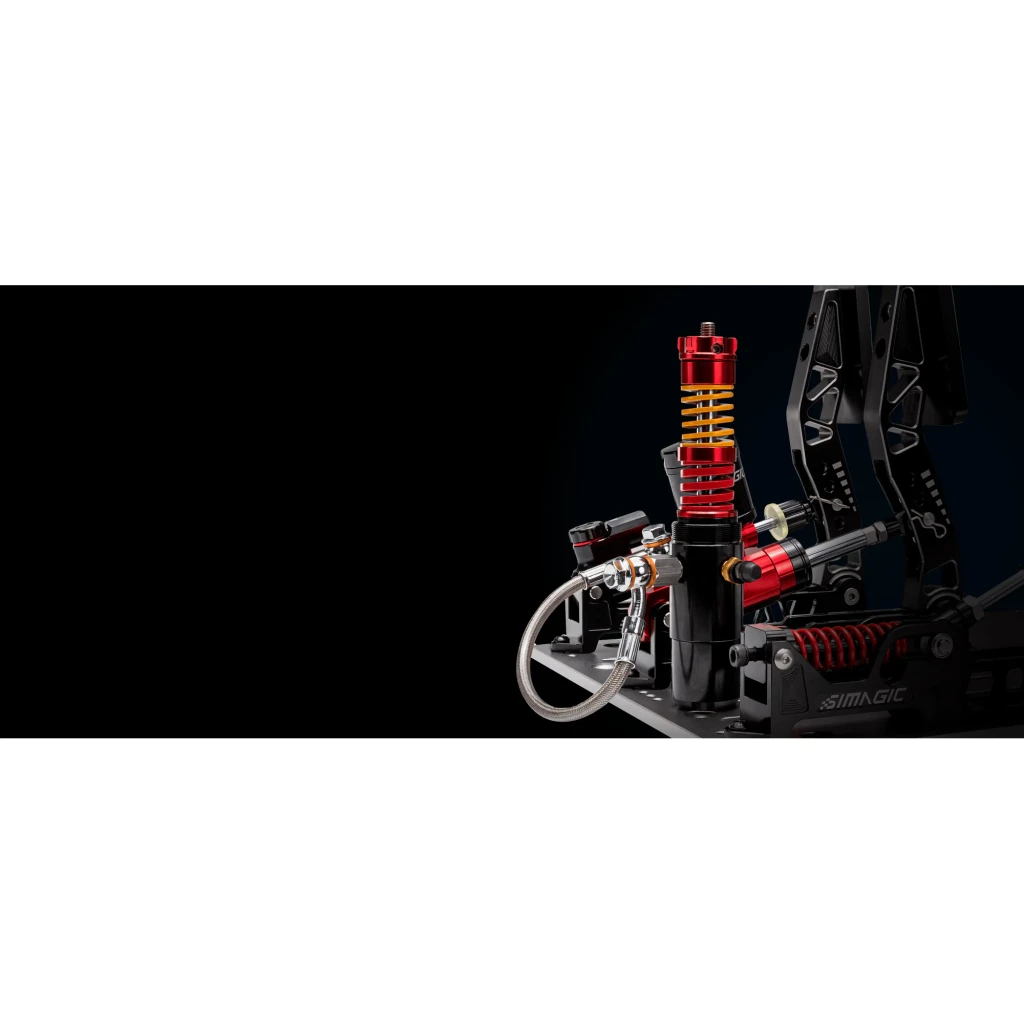 Simagic P2000 Crimson Edition, vue en perspective: 3 pédales noires avec ressorts rouges et base en aluminium - Ítem6