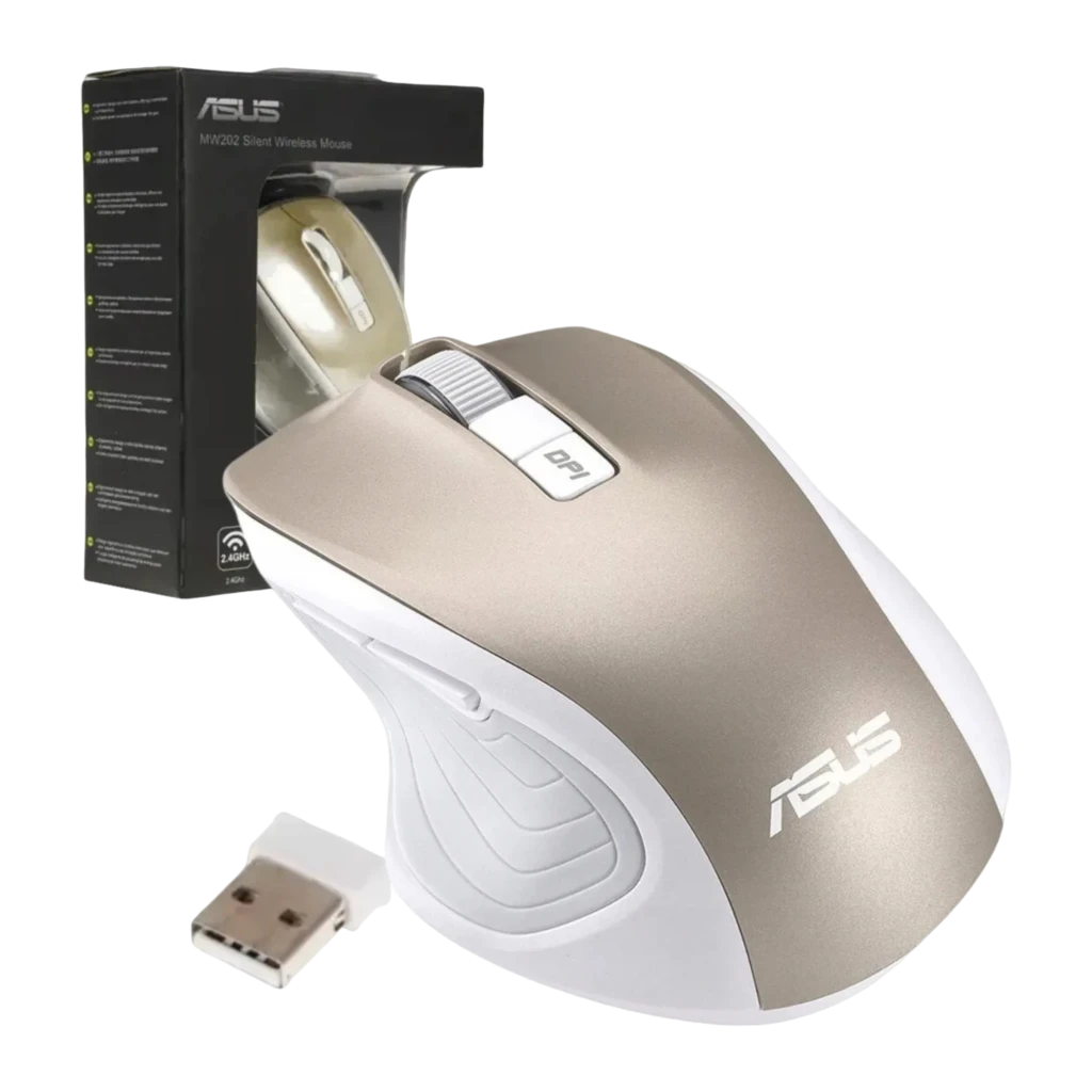 ASUS Rato MW202 Dourado, vista superior: corpo bicolor dourado e branco, roda e botão DPI visíveis - Item3
