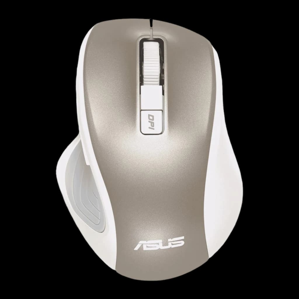 ASUS Souris MW202 Or, vue du dessus: corps bicolore or et blanc, molette et bouton DPI visibles