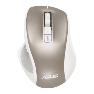 ASUS Rato MW202 Dourado, vista superior: corpo bicolor dourado e branco, roda e botão DPI visíveis