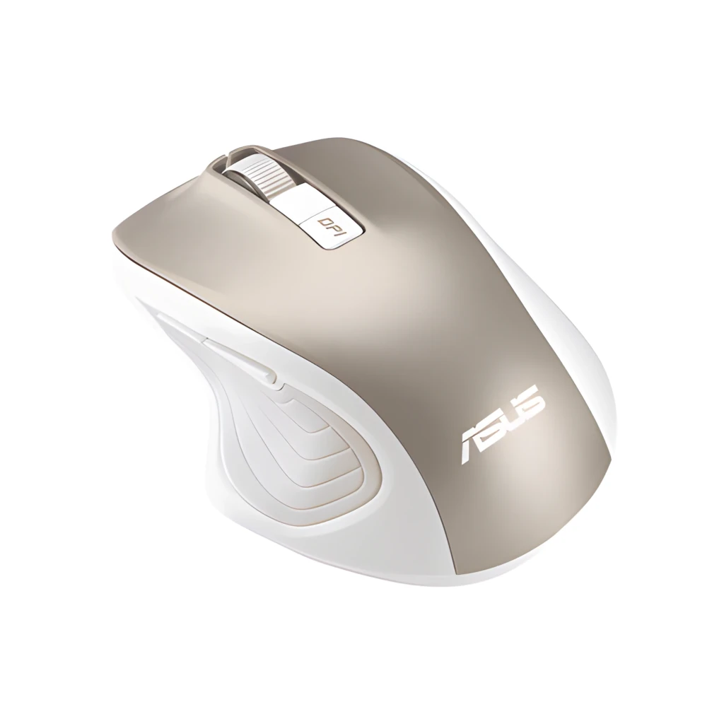 ASUS Rato MW202 Dourado, vista superior: corpo bicolor dourado e branco, roda e botão DPI visíveis - Item1