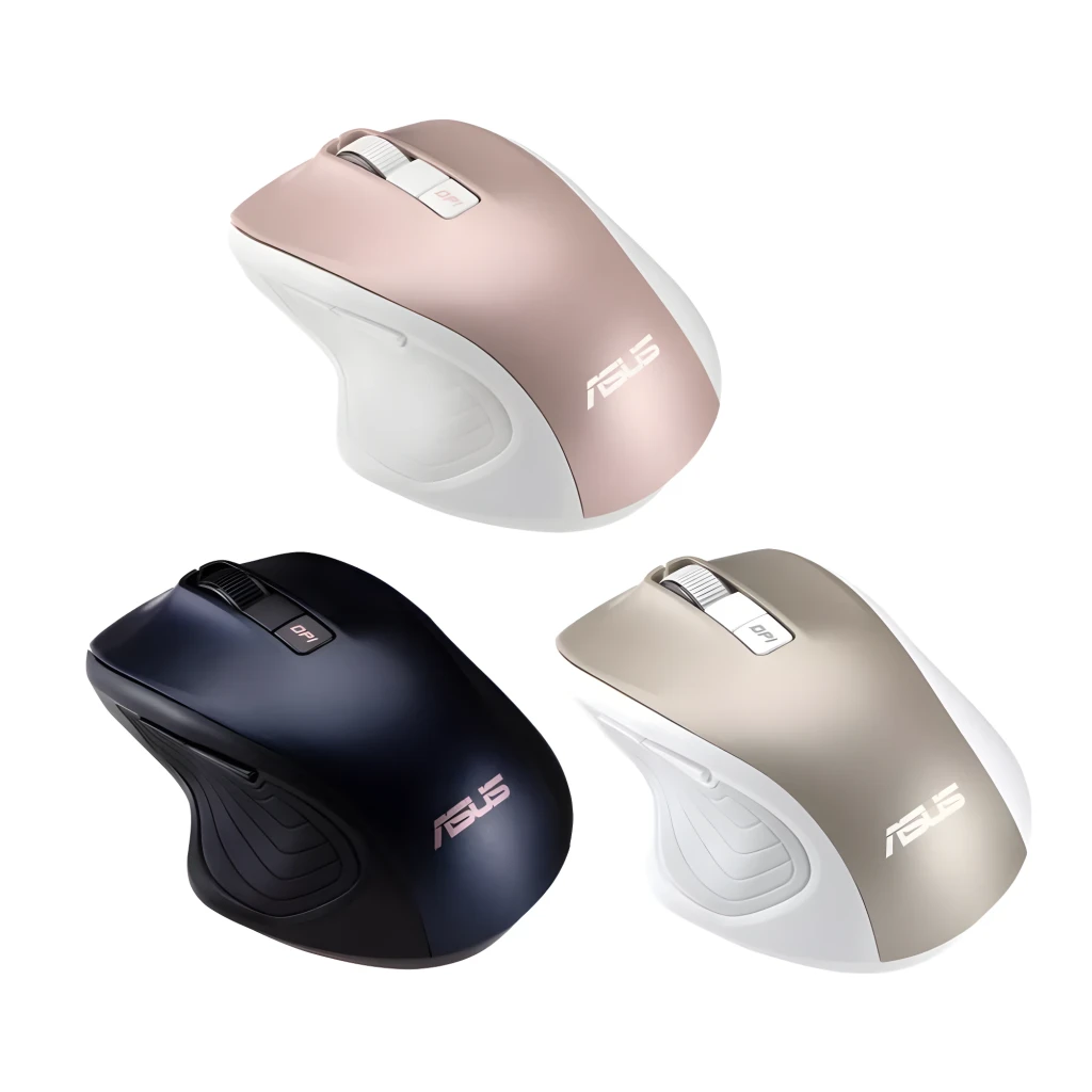 ASUS Rato MW202 Dourado, vista superior: corpo bicolor dourado e branco, roda e botão DPI visíveis - Item2