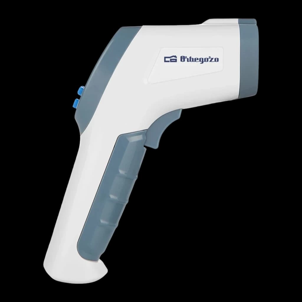 Orbegozo Thermomètre Infrarouge TEM 8000 Gris Blanc, vue latérale droite: bouton bleu latéral et logo Orbegozo visible