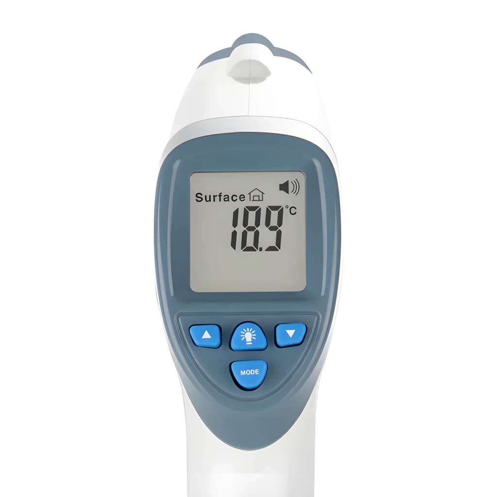 Orbegozo Thermomètre Infrarouge TEM 8000 Gris Blanc, détail avant: écran LCD affichant 18,9°C mode Surface et boutons bleus