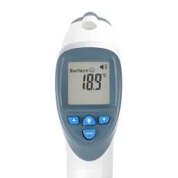 Orbegozo Thermomètre Infrarouge TEM 8000 Gris Blanc, détail avant: écran LCD affichant 18,9°C mode Surface et boutons bleus