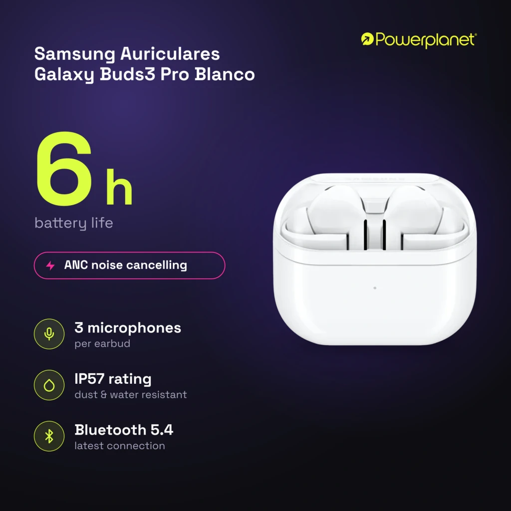 Samsung Galaxy Buds3 Pro Blanc, vue de face: étui ouvert avec les deux écouteurs à l'intérieur - Ítem9