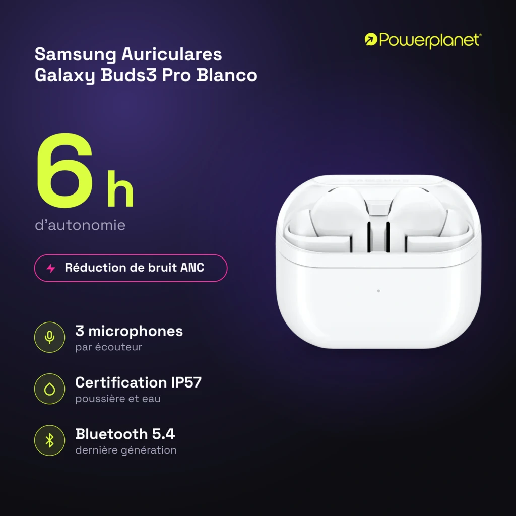Samsung Galaxy Buds3 Pro Blanc, vue de face: étui ouvert avec les deux écouteurs à l'intérieur - Ítem8