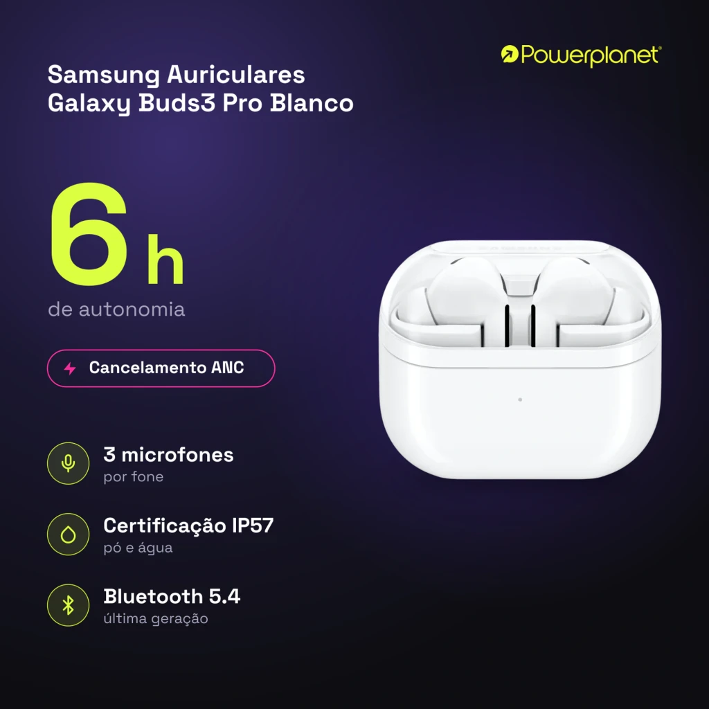 Samsung Galaxy Buds3 Pro Blanc, vue de face: étui ouvert avec les deux écouteurs à l'intérieur - Ítem7