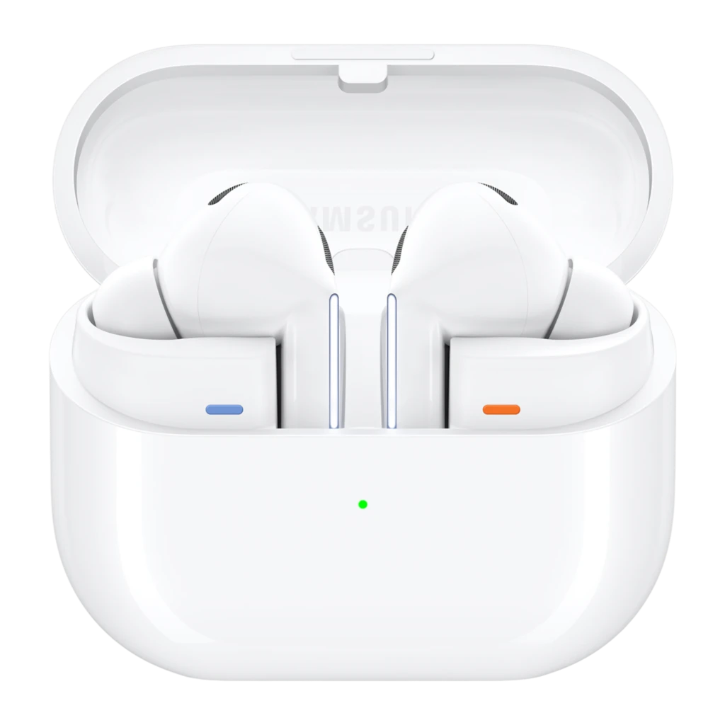 Samsung Galaxy Buds3 Pro Blanc, vue de face: étui ouvert avec les deux écouteurs à l'intérieur - Ítem10