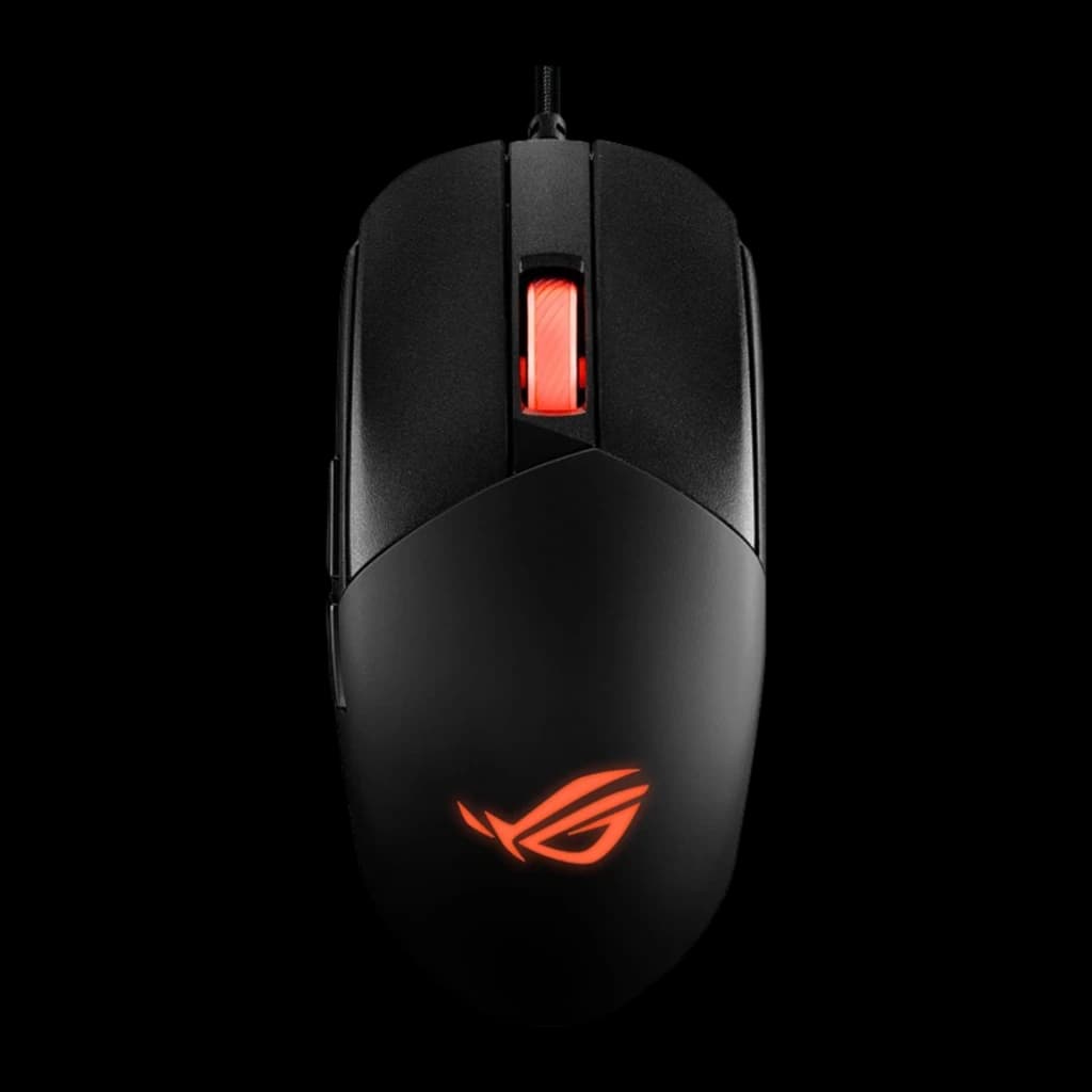 ASUS Souris ROG Strix Impact III Noir, vue de dessus: molette et logo ROG éclairés en orange, câble tressé
