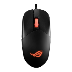 ASUS Rato ROG Strix Impact III Preto, vista superior: roda e logótipo ROG iluminados a laranja, cabo trançado