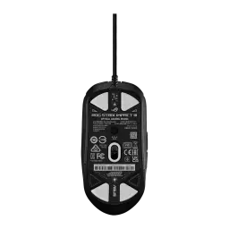ASUS Souris ROG Strix Impact III Noir, vue de dessous: capteur optique, patins blancs et étiquette de spécifications