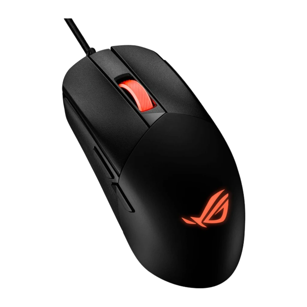 ASUS Rato ROG Strix Impact III Preto, vista superior: roda e logótipo ROG iluminados a laranja, cabo trançado - Item2