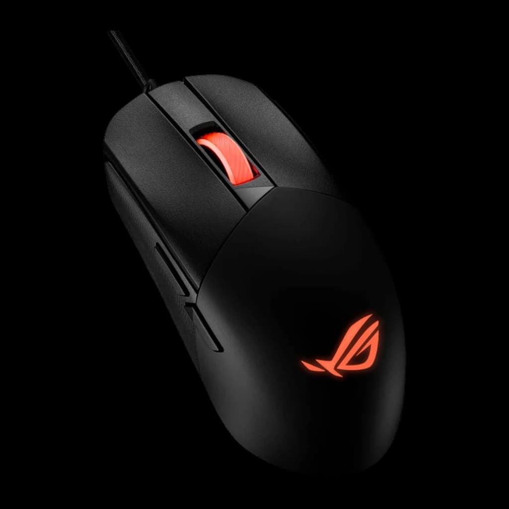 ASUS Souris ROG Strix Impact III Noir, vue latérale gauche en angle: boutons latéraux et logo ROG orange visibles