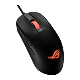 ASUS Souris ROG Strix Impact III Noir, vue latérale gauche en angle: boutons latéraux et logo ROG orange visibles