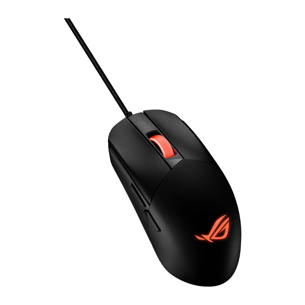 ASUS Rato ROG Strix Impact III Preto, vista superior: roda e logótipo ROG iluminados a laranja, cabo trançado - Item3