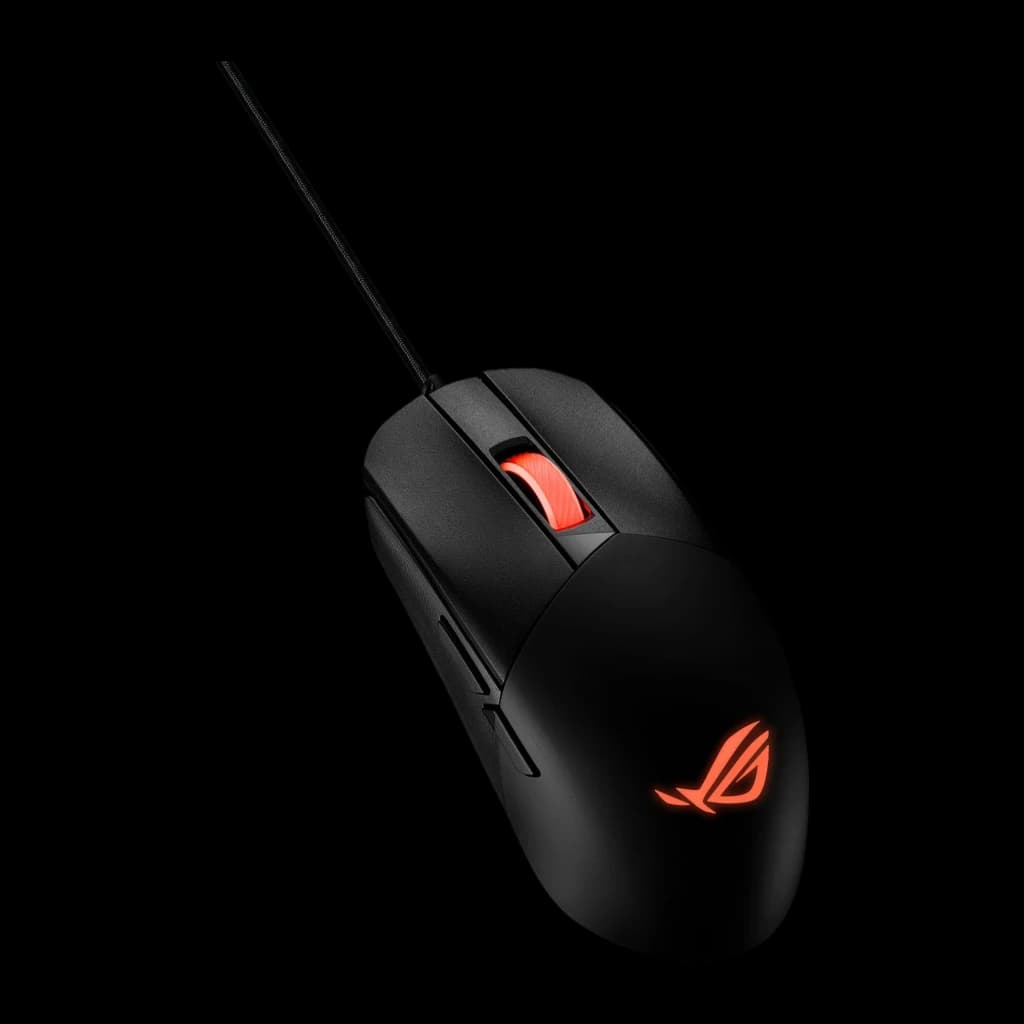 ASUS Souris ROG Strix Impact III Noir, vue avant en angle élevé: profil fin, molette orange et logo ROG éclairé