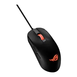 ASUS Souris ROG Strix Impact III Noir, vue avant en angle élevé: profil fin, molette orange et logo ROG éclairé
