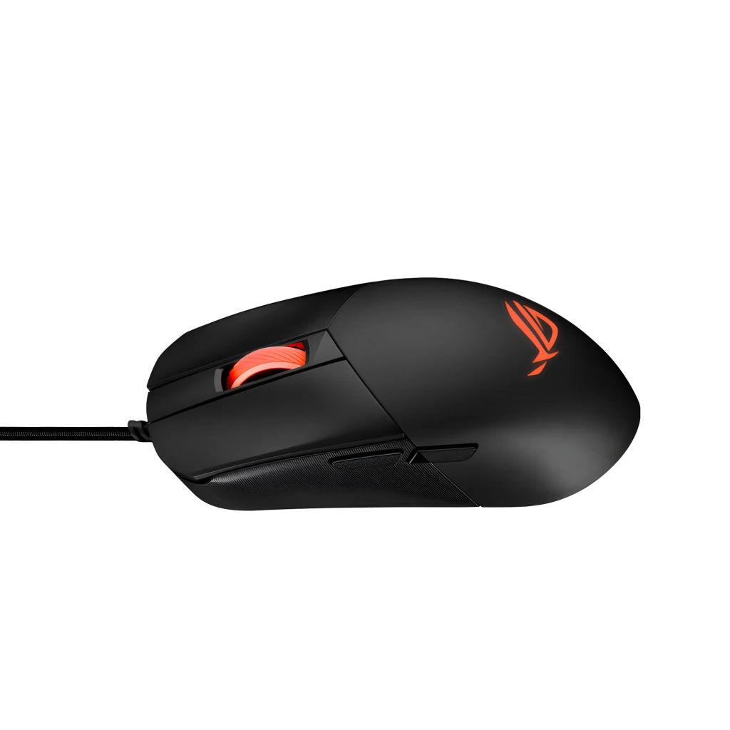 ASUS Rato ROG Strix Impact III Preto, vista superior: roda e logótipo ROG iluminados a laranja, cabo trançado - Item5