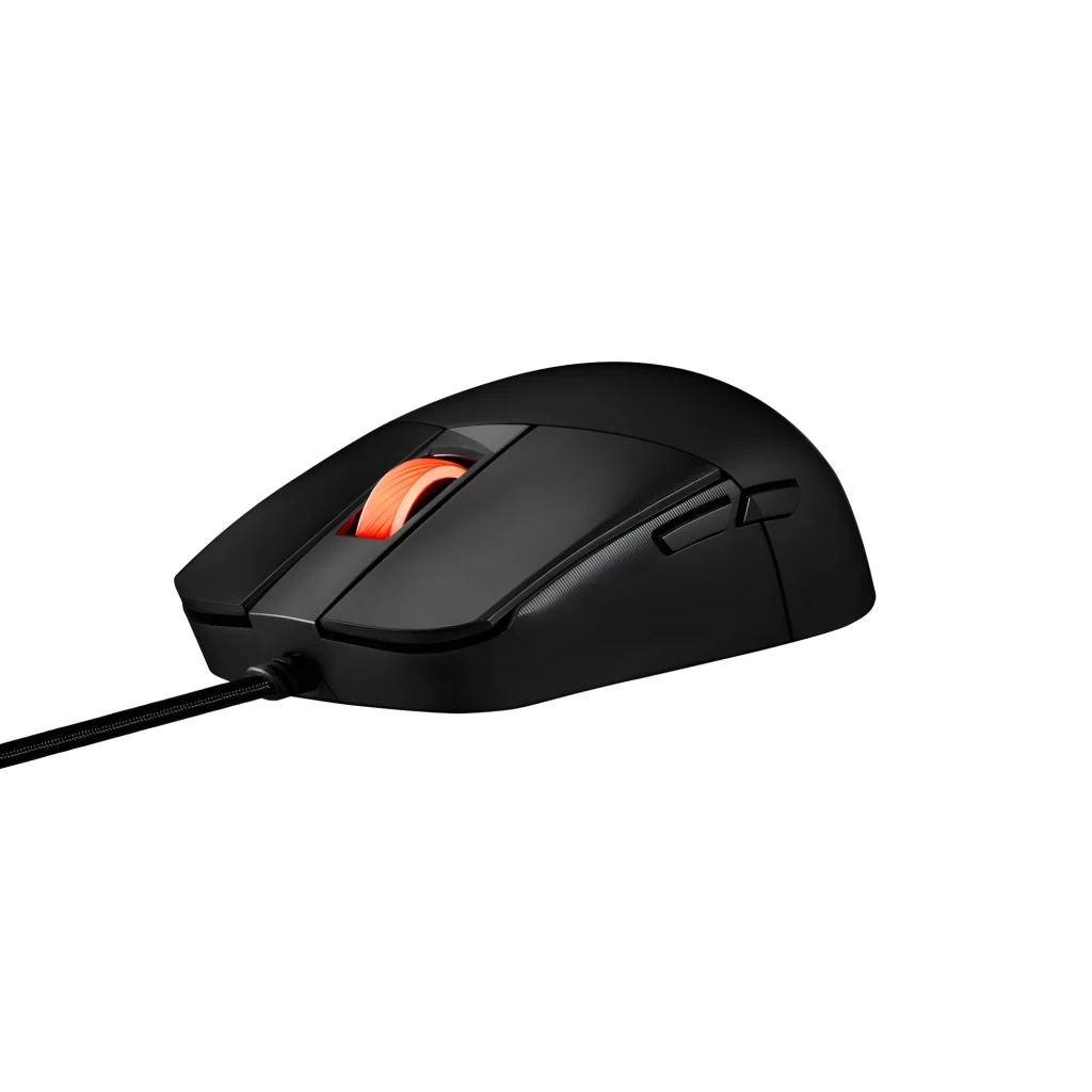ASUS Rato ROG Strix Impact III Preto, vista superior: roda e logótipo ROG iluminados a laranja, cabo trançado - Item4