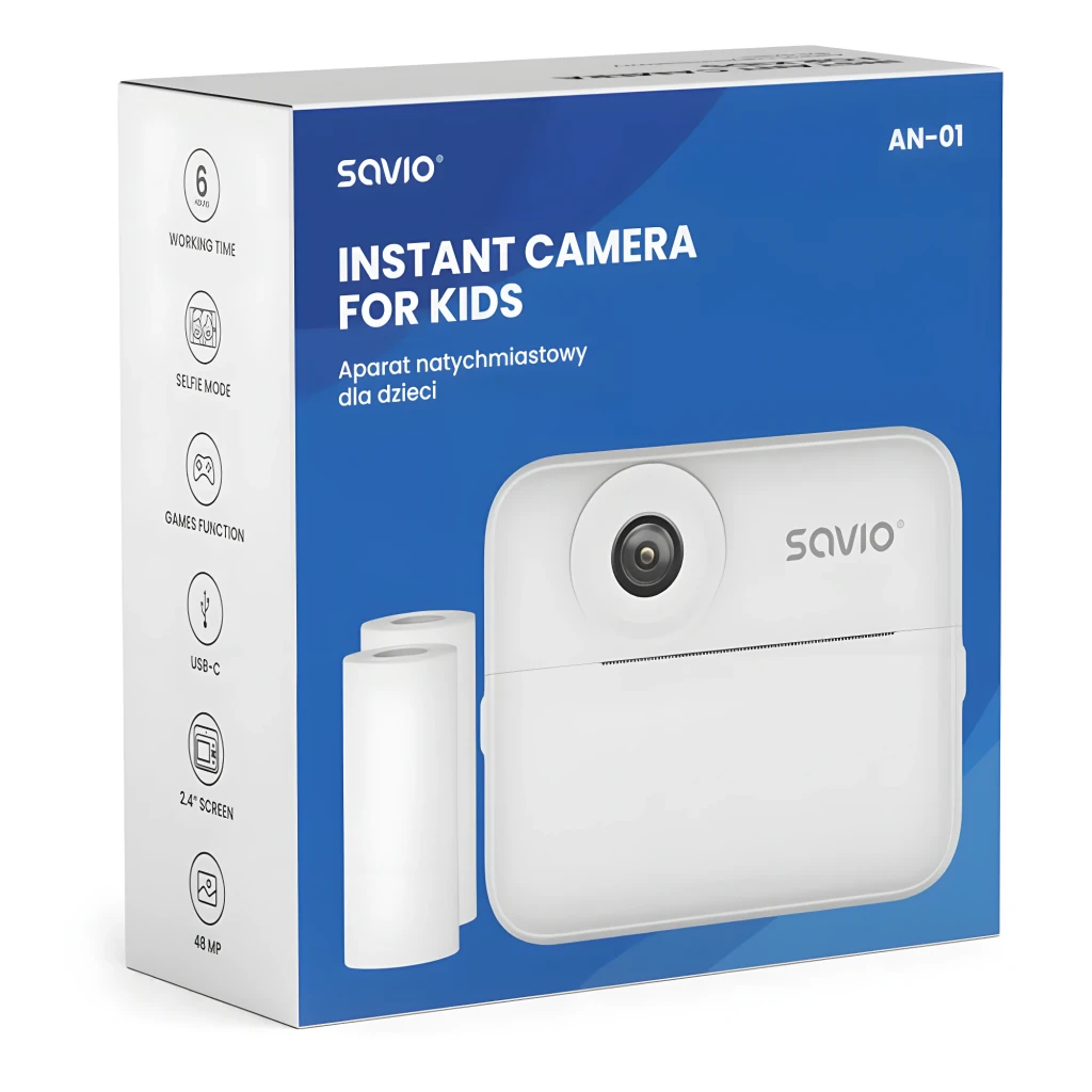 Savio Cámara instantánea AN-01 32GB blanco, kit frontal: cámara con dos rollos de papel térmico a la izquierda - Ítem3