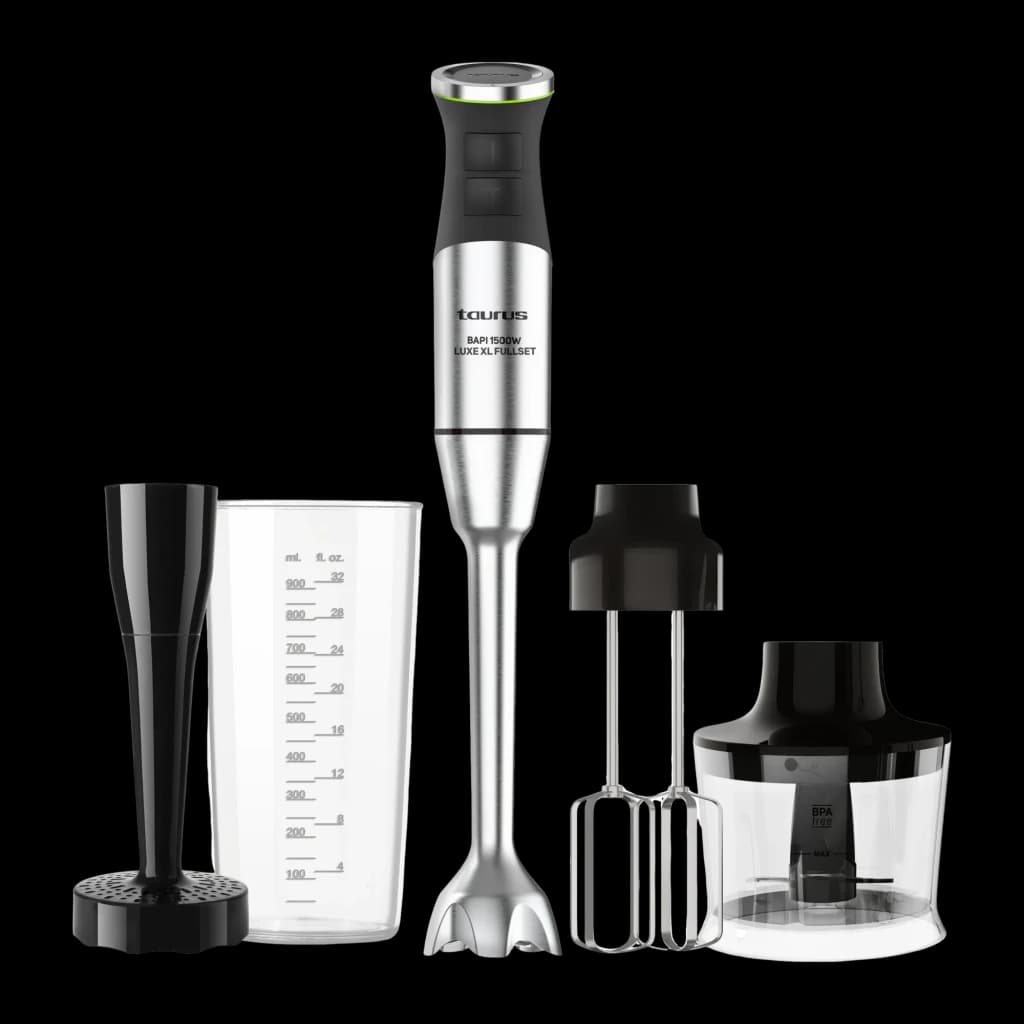 Taurus BAPI 1500W XL Luxe FullSet Inox Noir, vue ensemble: mixeur, verre doseur, fouet, hachoir et accessoire écraseur