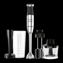 Taurus BAPI 1500W XL Luxe FullSet Inox Noir, vue ensemble: mixeur, verre doseur, fouet, hachoir et accessoire écraseur