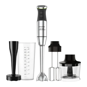 Taurus BAPI 1500W XL Luxe FullSet Inox Negro, vista conjunto: batidora, vaso medidor, varillas, picadora y accesorio