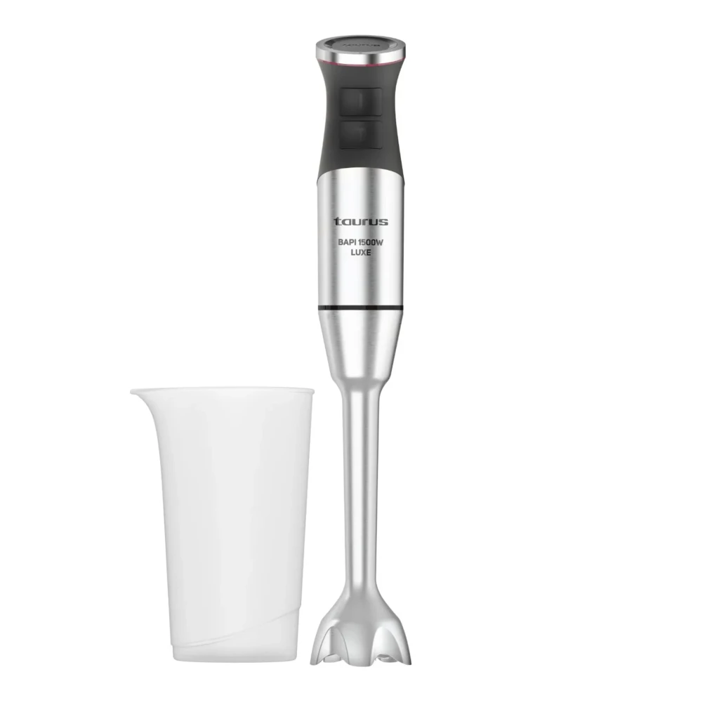 Taurus BAPI 1500W XL Luxe FullSet Inox Negro, vista conjunto: batidora, vaso medidor, varillas, picadora y accesorio - Ítem1