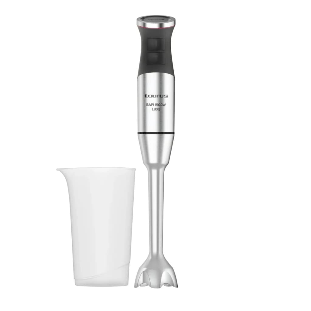 Taurus BAPI 1500W XL Luxe FullSet Inox Noir, vue de face: mixeur plongeant avec verre doseur inclus