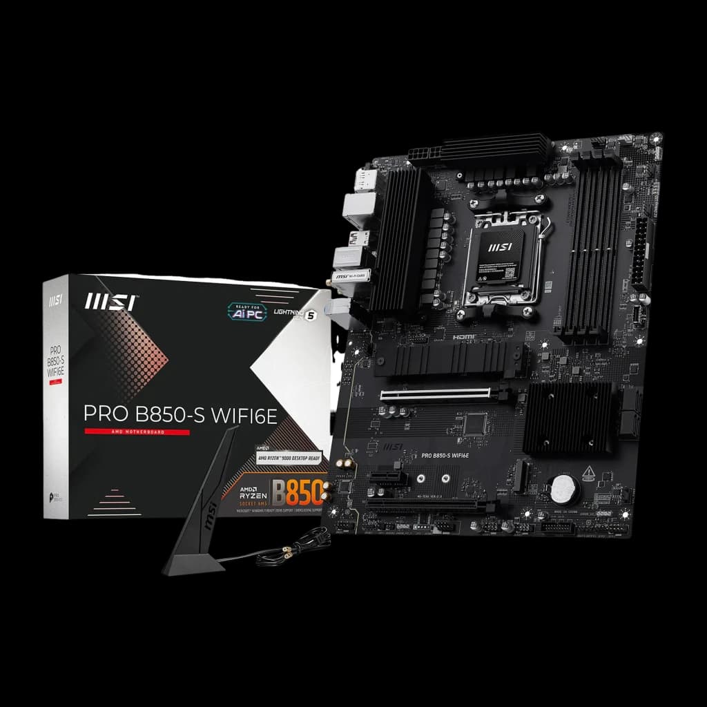 MSI PRO B850-S WiFi 6E noir, kit avec boîte: carte mère à côté de sa boîte de vente avec antenne WiFi incluse