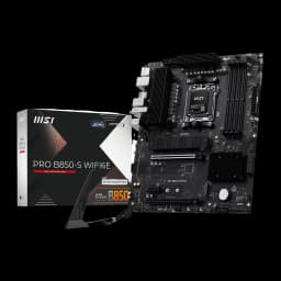 MSI PRO B850-S WiFi 6E noir, kit avec boîte: carte mère à côté de sa boîte de vente avec antenne WiFi incluse